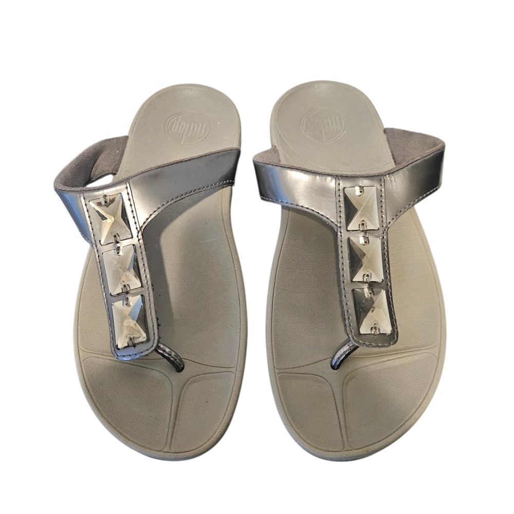 FitFlop Platform Wobble Board Sandals Pewter SilverJeweled Comfort Wedge Size 7